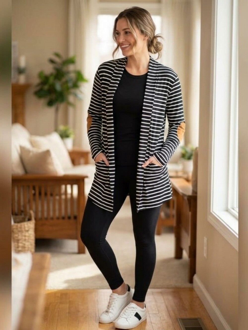 Black/White Striped Tunic Length Cardigan With Faux Suede Patches